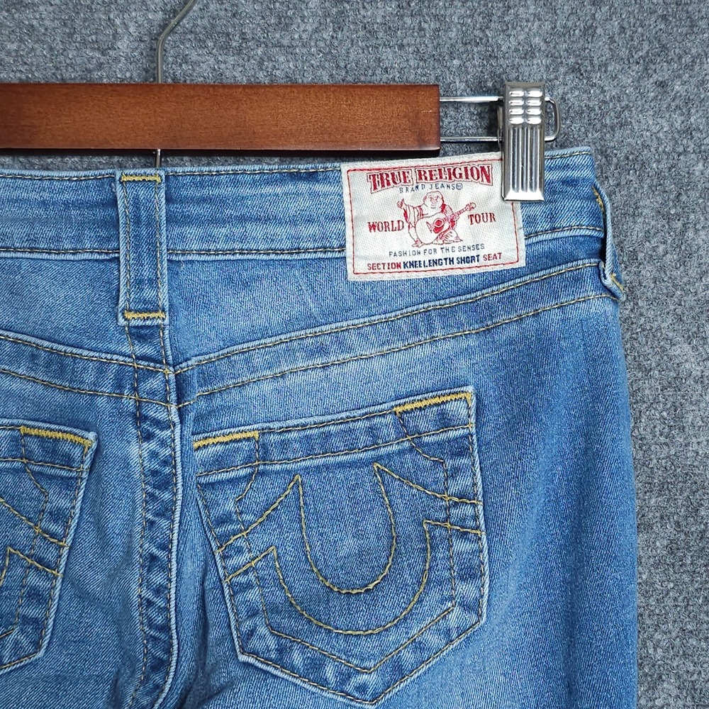 True Religion Jean Shorts Womens 26 Blue Bermuda Distressed Denim Stretch Jorts - Picture 4 of 8